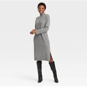 A New Day Midi Gray Sweater Dress Side Slit High Neck Long Sleeve XS NWT